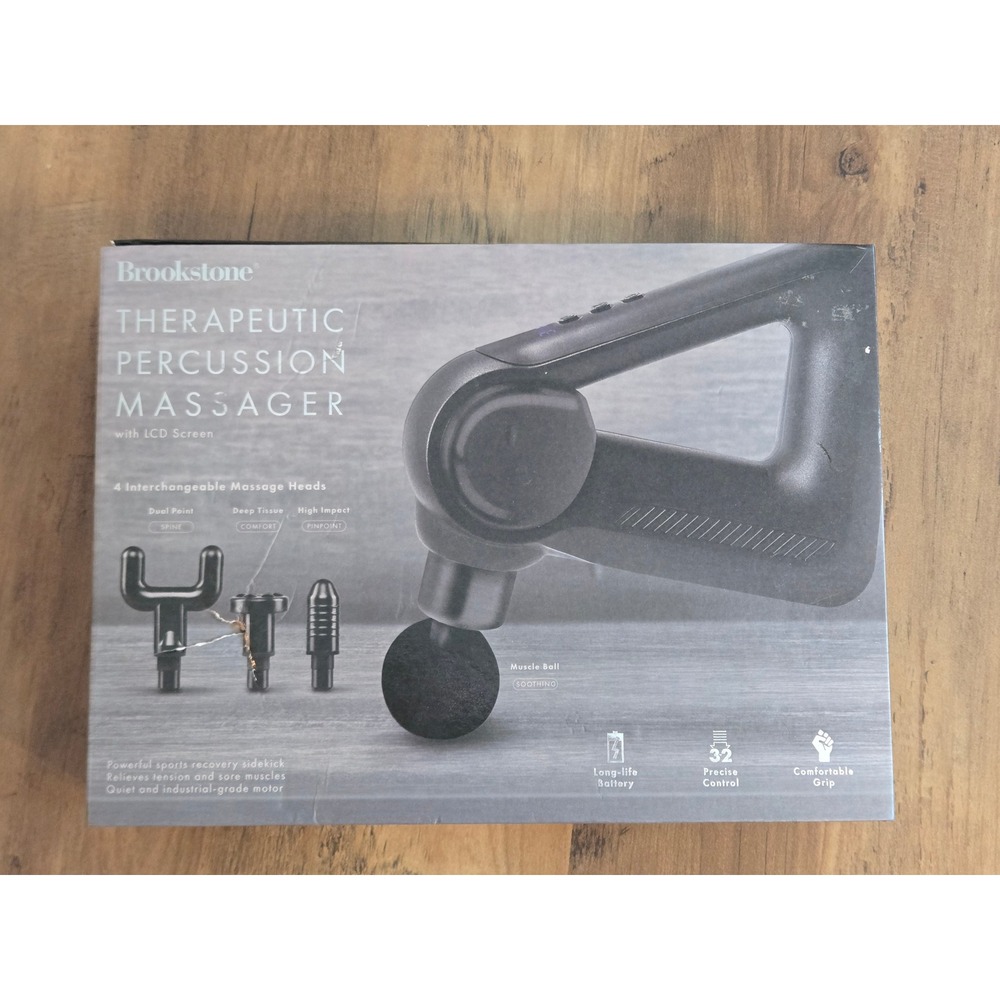 Brookstone Therapeutic Percussion Massager LCD Screen 32 Speeds 4 Heads NEW